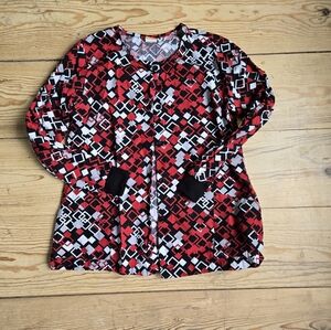 ICU Nurse Scrub Jacket Red Black Geometric Print Cotton Size M